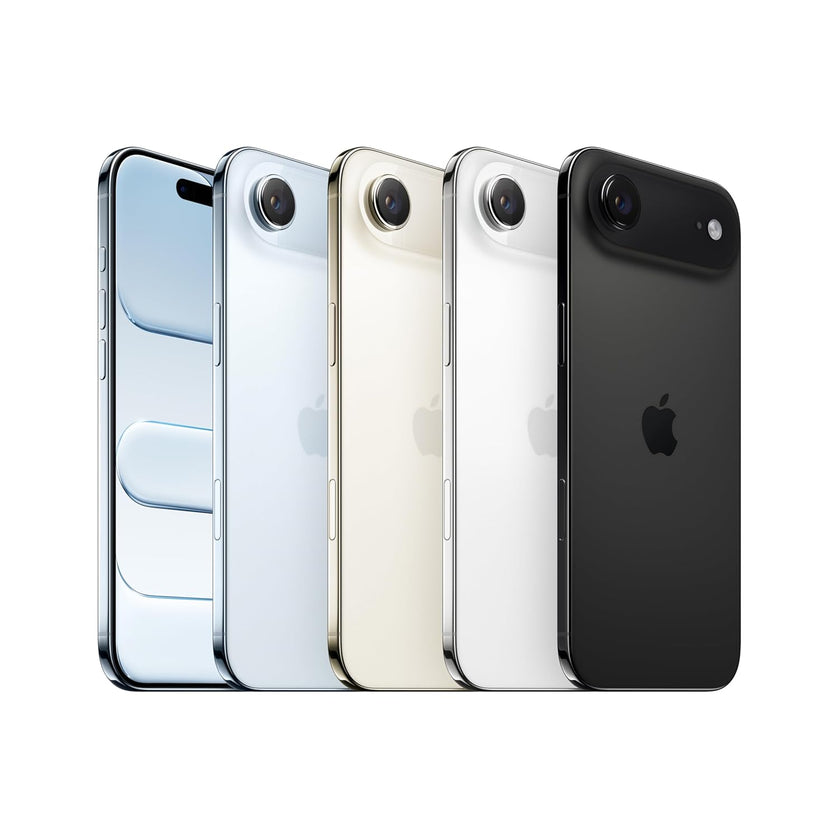 Four iPhone models in different colors on a white background