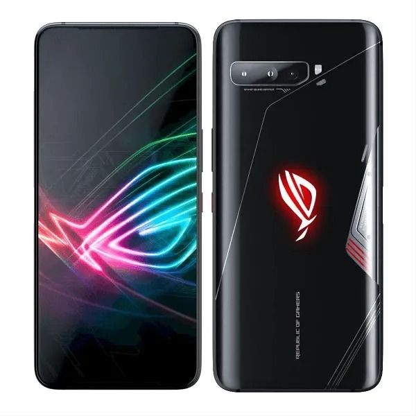 Two views of a smartphone with a prominent logo on a white background