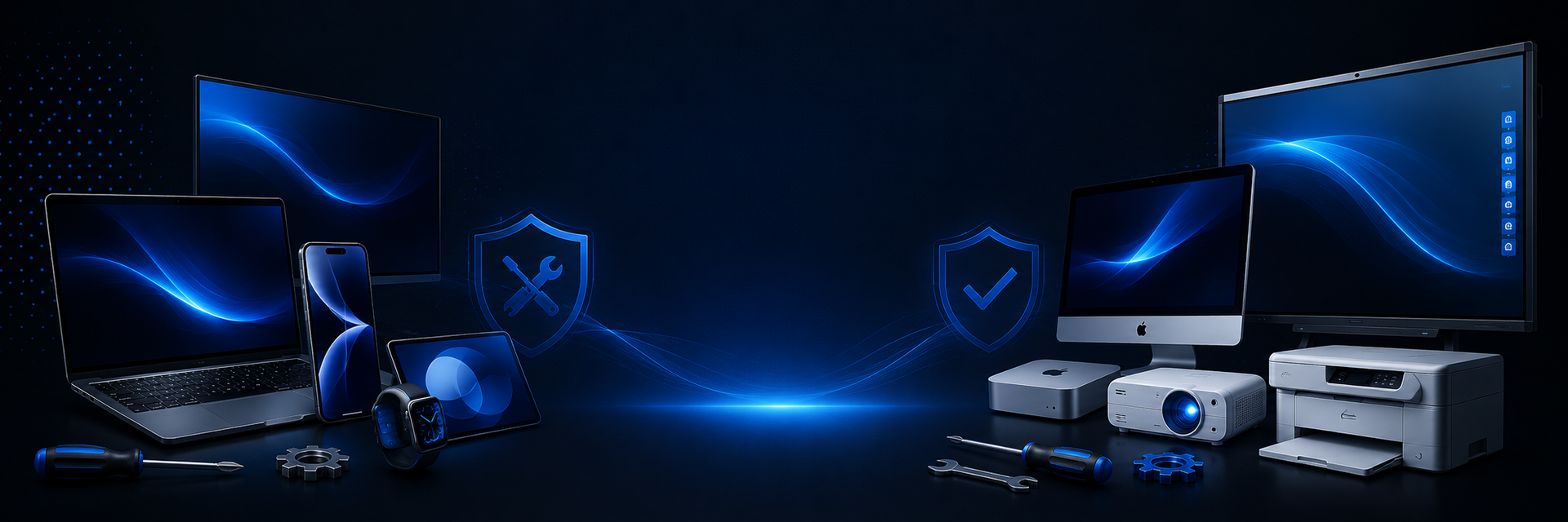Technological devices including laptops, monitors, and projectors on a dark background with blue lighting.