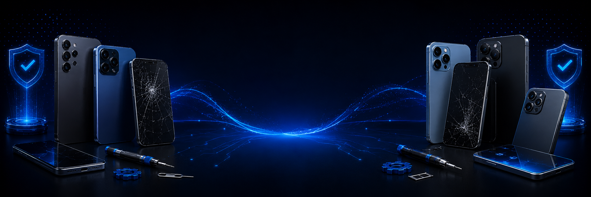 Row of smartphones with protective cases and screen protectors on a dark background with blue lighting effects.