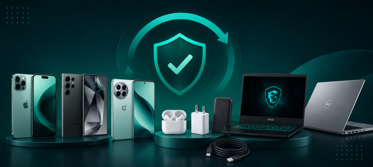 Collection of electronic devices with a central logo on a dark background