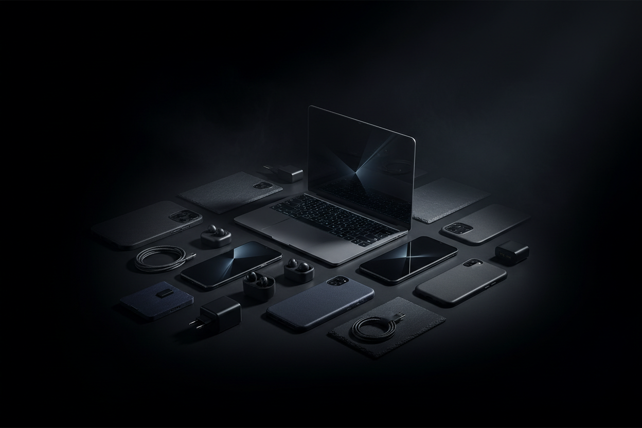 Collection of black electronic devices on a dark background